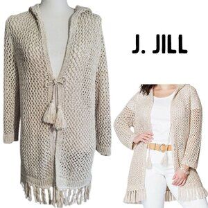 J JILL Beige Hooded Crochet Fringe Open Cardigan Sweater - Women's M Petite